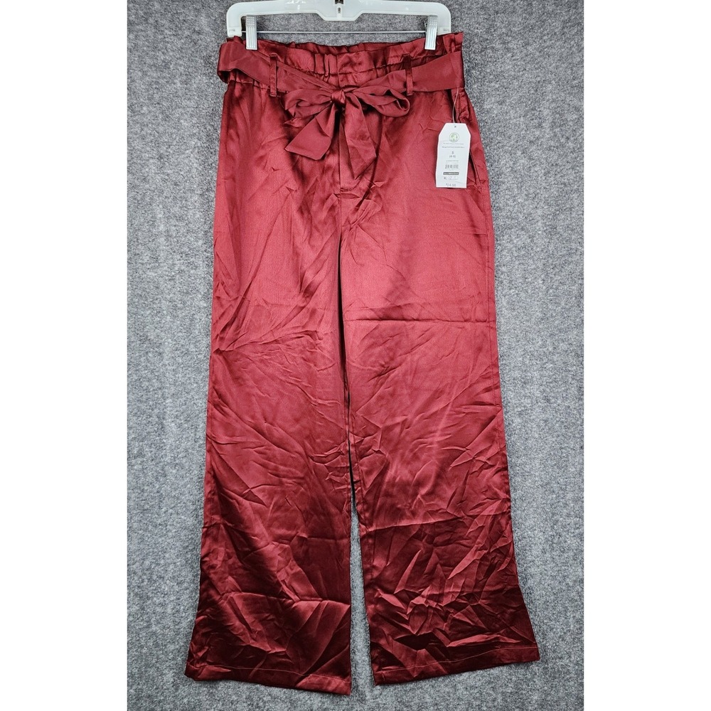 Time and Tru Paperbag Pants Womens Small S Red Satin Wide Leg Belted NWT